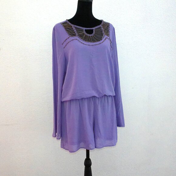 Iovposh, Purple long sleeve romper, with golden beads/fine chain details - Picture 6 of 16
